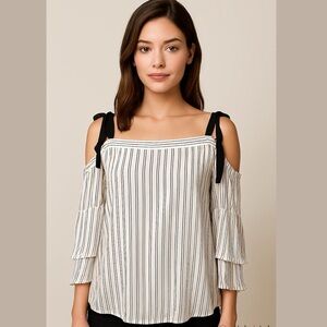 Ann Taylor LOFT Off the Shoulder Bell Sleeve striped Blouse Size Large
